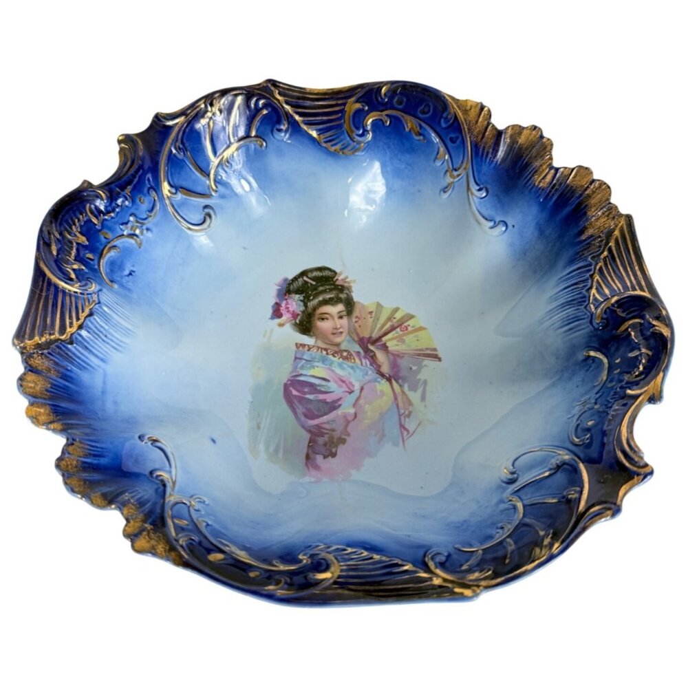 JPF Germany Japanese Geisha Bowl Decorative Porcelain Cobalt Blue Gold Gilt Home